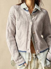 Bohemela Autumn/Winter Women's Casual Everyday Commute Contrast Binding Pointelle Knitted Cardigan, Western Country Style Concert, Suitable For Beach Vacation & Daily Wear & Back To School & Going Out, Christmas, New Year