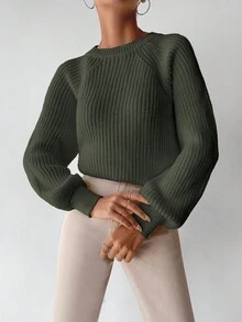 EURMUSE Jersey De Cuello Redondo Manga Raglán Y Color Sólido - Verde militar - Ver 3
