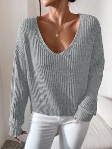 RueChic Solid Color Drop Shoulder Casual Sweater Pullover - Grey - View 6