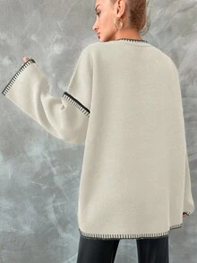 EURMUSE Women's Round Neck Batwing Sleeve Sweater - White - View 2