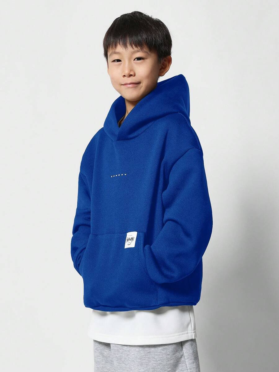 SUMWON 常规款男童连帽运动衫，带前口袋，长袖套头连帽衫，儿童适用 - 藏蓝色 - 查看 1