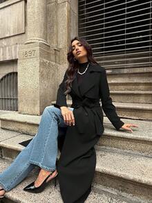 Firerie 女士优雅休闲通勤办公室时尚海军蓝长袖双排扣口袋收腰长款风衣夹克，秋季 - 黑色 - 查看 9