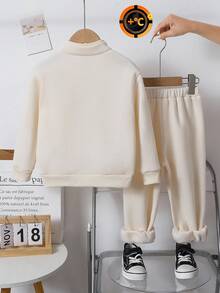 Girls Stand Collar Half Zip Printed Straight Leg Pants, Retro Sports Set, Autumn/Winter - Beige - View 2