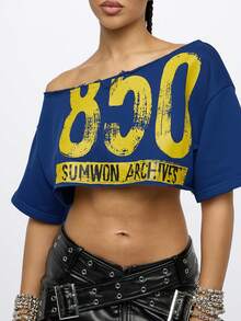 SUMWON WOMEN 女式露肩宽松短款 T 恤，毛边下摆，图案印花，短袖，530 档案上衣 - 藏蓝色 - 查看 5