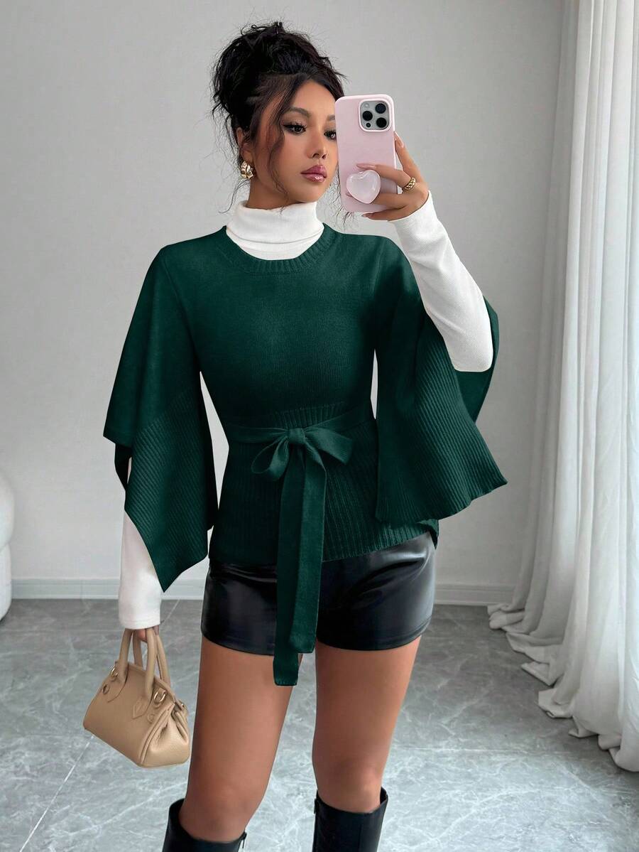 Elenzga Women's Solid Color Round Neck Bell Sleeve Knotted Waist Fashionable Sweater, Autumn/Winter - Dark Green - View 1