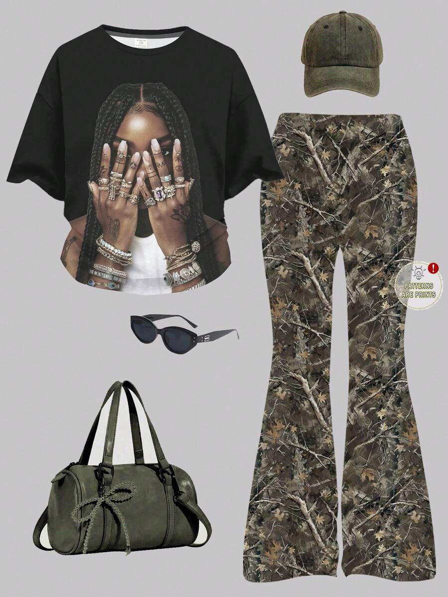 SHEIN Leap Crew 少女休闲简约个性指纹纹身戒指印花图案 T 恤和阔腿裤两件套，秋季新品，宽松圆领短袖 T 恤，花卉枝叶印花，朋克风格，街头服饰，复古，返校装，可爱，节日家庭户外春季野餐日常穿着，适合各种场合，少女服装套装女孩服装套装迷彩服装少女迷彩套装坏人服装女孩迷彩服装 - 彩色 - 查看 1