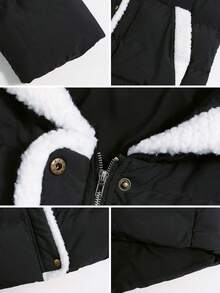 Elenzga Plus Size Patchwork Fuzzy Trim Zip-Up Hooded Padded Coat, Autumn/Winter - Black - View 4
