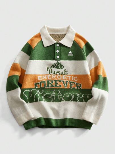 Street Life Pull en tricot à col polo vintage et preppy pour hommes, avec motif de lettres bicolores. Automne/Hiver