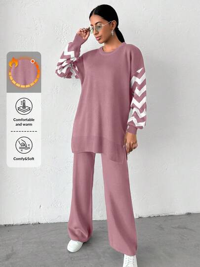 EURMUSE Striped Color Block Sweater And Pants Two-piece Set