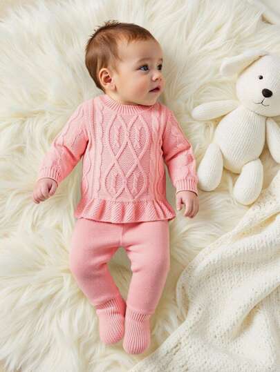 SHEIN Baby Girls Sweater Co-Ords, Pink Solid Color Knitted Long Sleeve Pullover Sweater + Matching Knitted Leggings, Fashionable & Versatile, Suitable For Autumn/Winter, Elegant Lady Style, Suitable For Daily Wear, Indoor, Outdoor, Travel