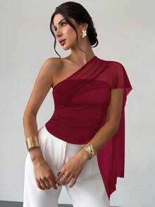 Firerie Áo cánh bó sát thời trang hàng ngày thanh lịch, giản dị dành cho nữ, mùa hè, đa năng, màu trắng, vai bất đối xứng, đan lưới, viền buộc bất đối xứng - Màu Đỏ Sâu - Xem 3