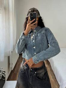 StreetHx Casual Street Vintage Style Button-Up Pocket Denim Jacket - Medium Wash - View 7