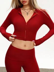 INAWLY 2pcs Women Fashion Solid Color Long Sleeve Zip-Up Hoodie And Flare Pants Set - Red - View 7