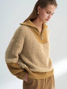 Franclia Women's Casual Loose Fit Half-Zip Long Sleeve Sweater, Autumn/Winter - Camel - View 6
