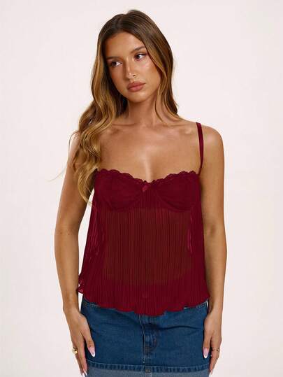 SHEIN BAE 女式纯色蕾丝拼布蝴蝶结装饰休闲吊带背心