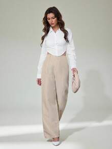 SHEIN Tall 秋冬女士浅米色色织条纹西装裤，优雅通勤约会，百搭日常穿着 - 卡其色 - 查看 6
