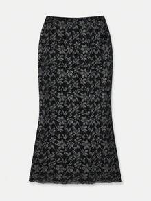lacRébo Black Fitted Midi Skirt In Metallic Floral Lace Chic Party Skirt Evening Skirt Business Casual Skirt Shiny Skirt Autumn Winter - Black - View 7