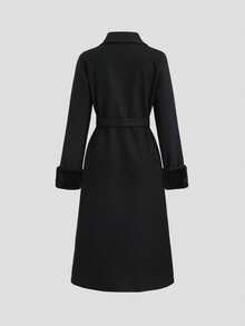 Sweetra 女士优雅哥特风大衣，袖口拼接人造毛皮，时尚独特，尽显Y2K风尚，秋冬款 - 黑色 - 查看 2