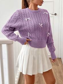 EURMUSE Women Round Neck 3d Ribbon Detailed Cute Textured Sweater Pullover - Lilac Purple - View 3