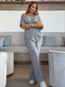 Cioccolato Women's Summer Minimalist Streetwear Basic Daily Wear Going Out Sport Comfortable Off Shoulder T-Shirt And Wide Leg Sweatpants Two Pieces Outfits - Grey - View 4