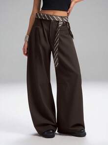 LYSMO 2025 新款女士休闲宽松弯刀西装裤，配条纹腰带，适合通勤和日常穿着，办公室，秋冬时尚简约 - 咖啡棕 - 查看 4