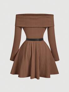 SHEIN MOD 1pc Off-The-Shoulder Long Sleeve Cinched Waist Waist Flare Dress,Festival Dress,Photoshoot Dress,New Years Dress,Winter Dress,Camel Shoulder Dress,Winter Women Clothes,Camel Women Dresses,New Years Outfit,Dresses For Women Elegant,Dresses For Women Elegant,New Year Dress ,Elegant Party Dresses - Camel - View 2
