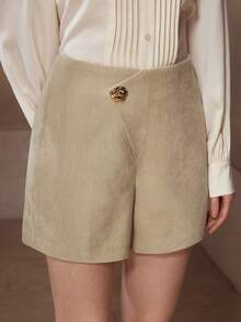 MOTF PREMIUM WOMEN'S ASYMMETRIC METAL BUCKLE DECOR VERSATILE SHORTS - Khaki - View 5