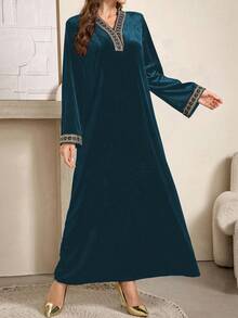 Al Najma Elegant Velvet Long Sleeve Dress, High-Quality Goddess Style, Spring/Autumn 2024 New Arrival - Blue - View 7
