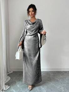 Selianne 女式纯色垂坠领优雅长袖连衣裙 - 銀色 - 查看 5