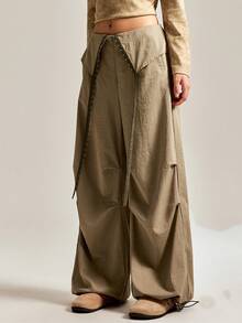 Easelle Casual Pleated Metal Decorative Military Style Vintage Nomadic Wide Leg Sexy Low Waist Women Pants