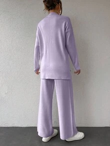 SHEIN Cottnline 2pcs/Set Solid Color Half-High Turtle Neck Drop Shoulder Loose Fit Sweater Set - Mauve Purple - View 2