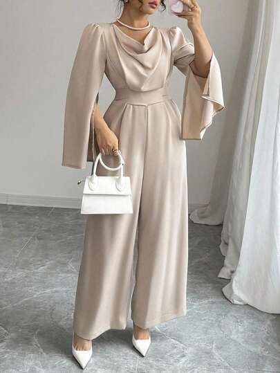 Elenzga 大码优雅纯色垂坠领斗篷连体裤