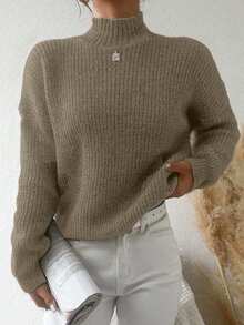 EURMUSE Mock Neck Drop Shoulder Sweater - Apricot - View 4