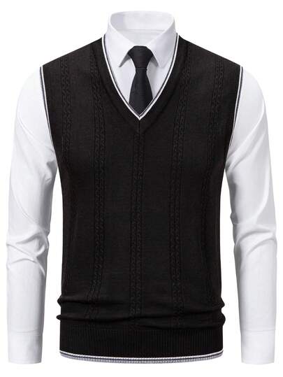 Manfinity Mode Chaleco de punto clásico para hombre con cuello en V sin mangas, en color negro con ribete blanco, para el invierno