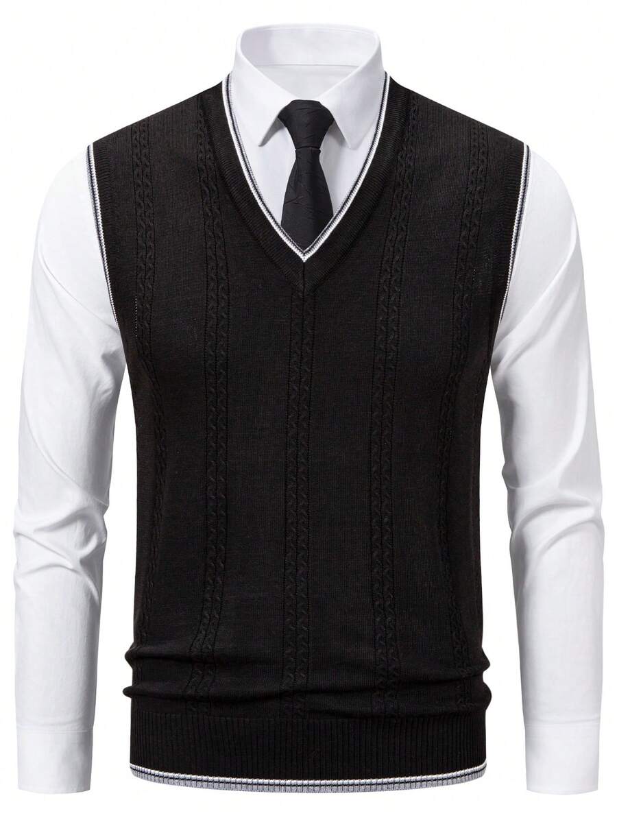 Manfinity Mode Chaleco de punto clásico para hombre con cuello en V sin mangas, en color negro con ribete blanco, para el invierno - Negro - Ver 1