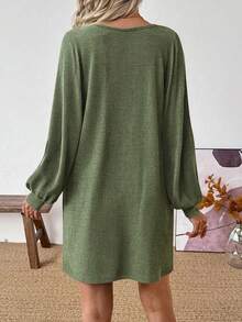 SHEIN LUNE 女式纯色V领休闲百搭长袖连衣裙 - 軍綠色 - 查看 2