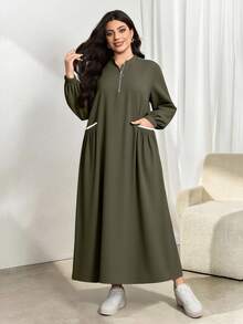 Modelyn Autumn/Winter New Arrival Stand Collar Long Sleeve Waist Cinched Slim Fit Dress - Dark Green - View 7