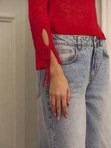 lacRébo 针织圆领露背上衣，饰有心形图案，红色，露背设计，带肩带细节 - 紅色 - 查看 7