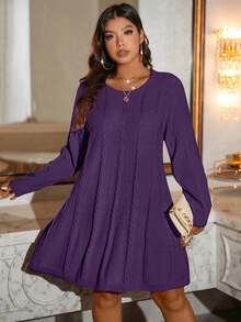 SHEIN LUNE Gaun Kasual Rajut Warna Polos Ukuran Besar, Musim Gugur/Musim Dingin - Violet Purple - View 4