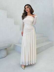 Jemour 新款一字肩长袖撞色网纱刺绣不对称下摆拼接超长高弹修身连衣裙优雅浪漫 - 杏色 - 查看 5