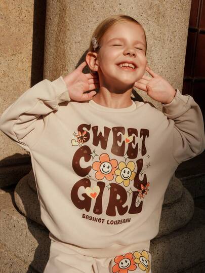 SHEIN Casuvi Kid Flickor 2-delars Set: Blommig & Bokstavstryck Långärmad T-shirt + Enfärgade Dragsko Casual Sportbyxor