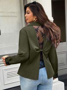 Calvaya Plus Size Elegant Contrast Lace Collared Long Sleeve Shirt, Autumn - Army Green - View 1