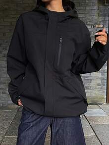 DAZY Women's Casual Solid Color Zip-Up Hooded Jacket, Suitable For Autumn Women Coats - Black - View 7