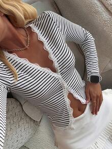 DAZY Striped Lace Ruffle Trim Fitted Cardigan For Women Long Sleeve Women