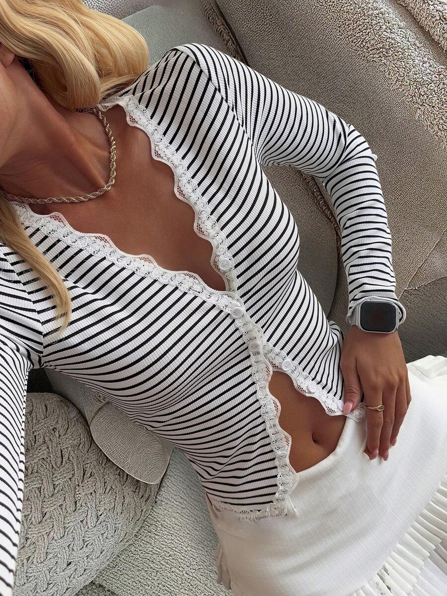 DAZY Striped Lace Ruffle Trim Fitted Cardigan For Women Long Sleeve Women