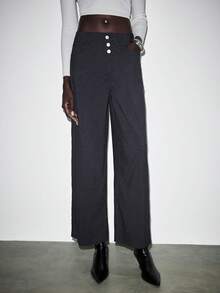 Lumivelle Women's Casual Commute Elegant Button-Down Slanted Pocket Straight Leg Trousers Women Pants Wide Leg Pants Navy Pants - Dark Wash - View 3