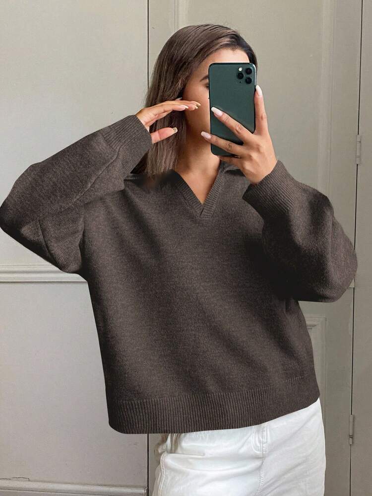 Women's Loose Fit Solid Color Turndown Collar Long Sleeve Pullover Casual Street Knit Sweater, Autumn/Winter