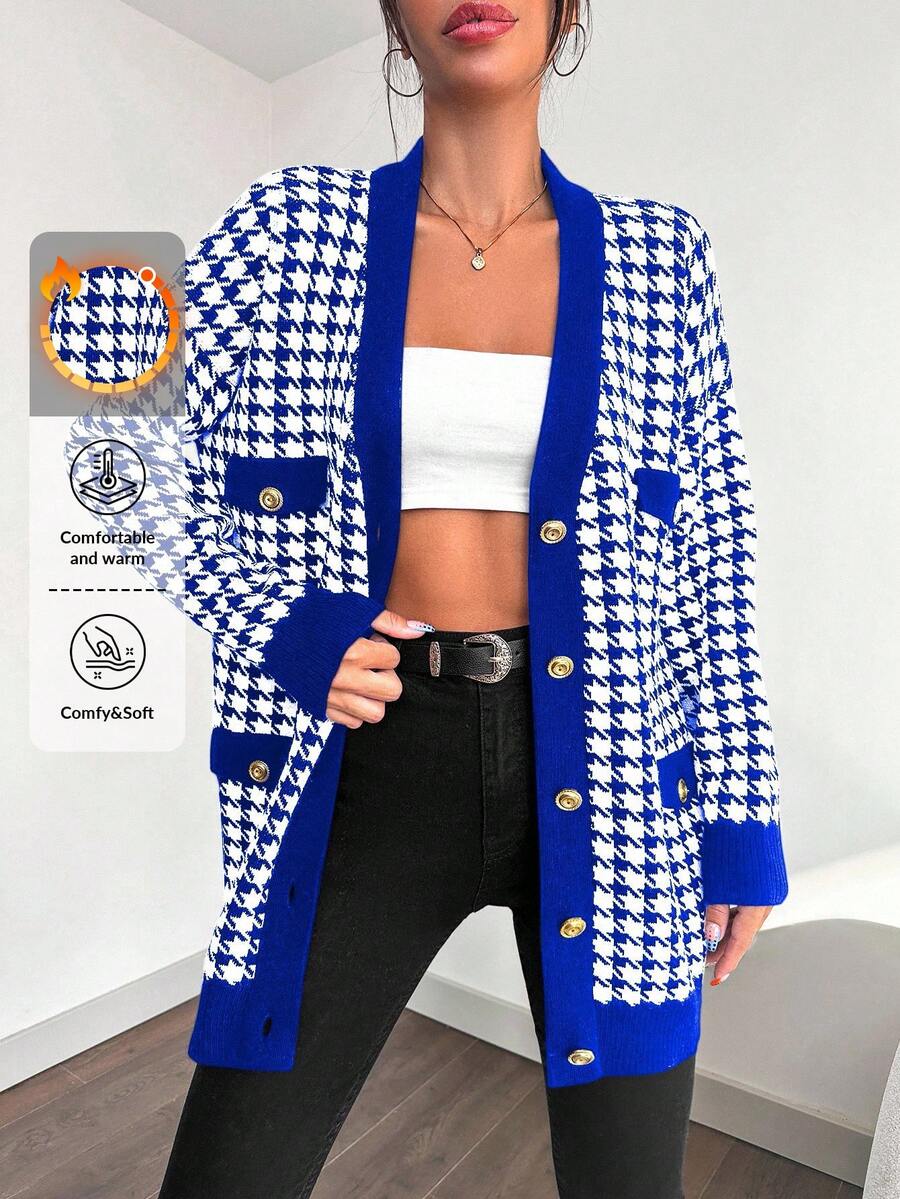 EURMUSE Women's Button Front Cardigan With Houndstooth Pattern - Blue - View 1