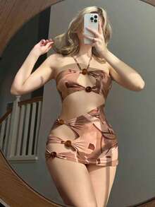 Swim Mod New Women Floral Print Bamboo Decor High Elasticity Sexy Triangle Briefs, Fashionable Beachwear Tankini 2pcs Set For Summer Beach Vacation - Multicolor - View 1