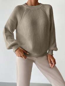 SHEIN Cottnline 女士纯色圆领长袖简约毛衣，休闲日常穿着 - 米色 - 查看 4